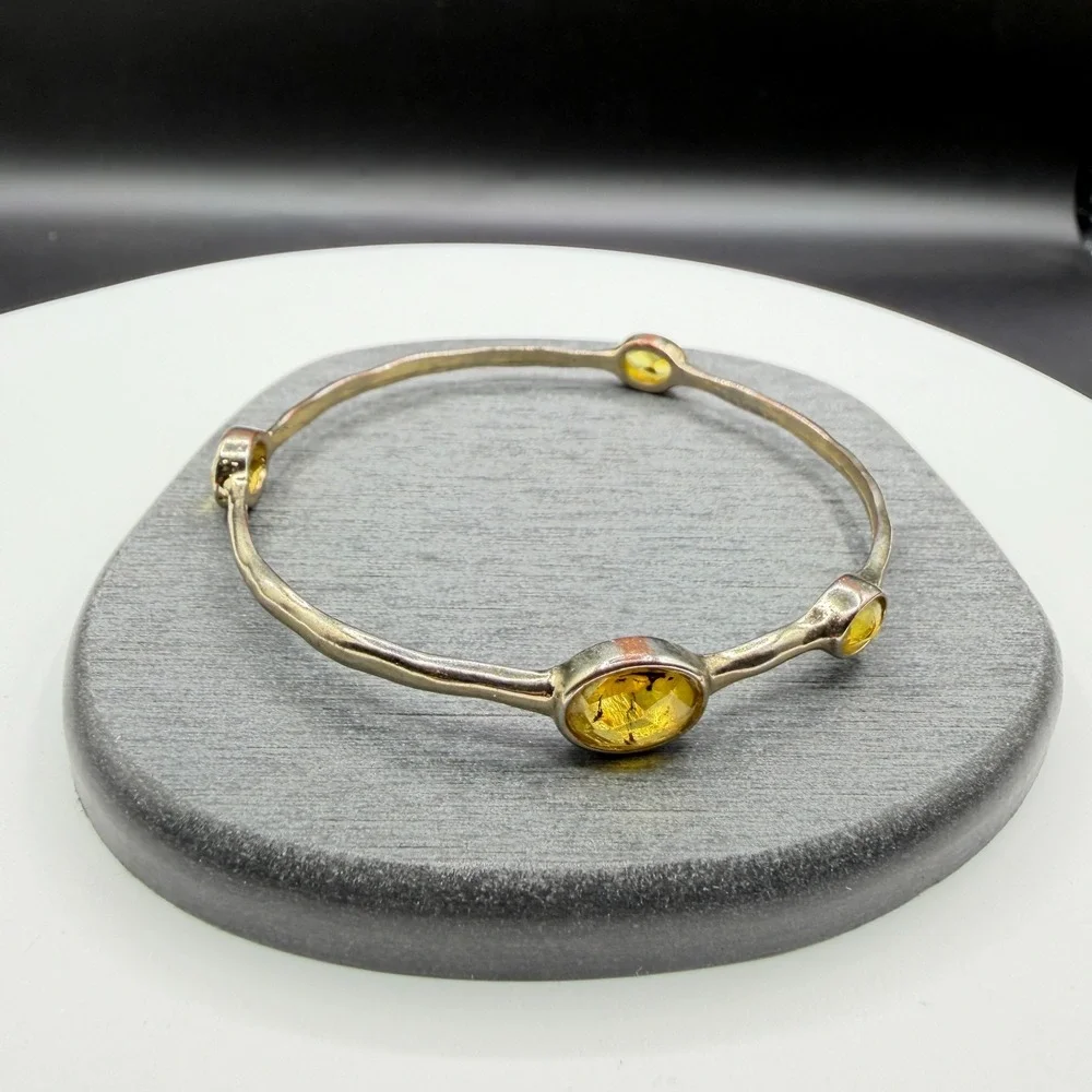 Yellow Crystal Silver Tone Bangle Bracelet Bezel Set Boho Statement Jewelry